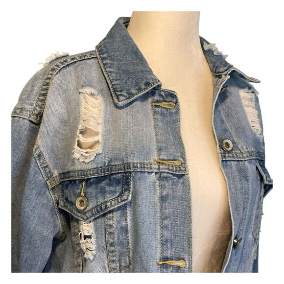 Cherry Koko Destroyed Denim Trucker Jean Jacket Distressed Blue Medium Wash M - Picture 2 of 6